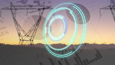 animación del escaneo de alcance sobre el procesamiento de datos financieros y las torres eléctricas