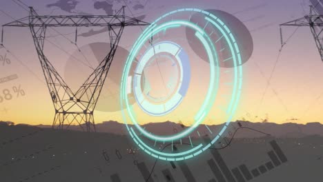 animation of scope scanning over financial data processing and electricity pylons