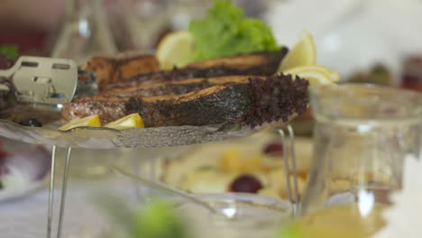 grilled salmon steaks served on decorative platter with fresh salad and lemon