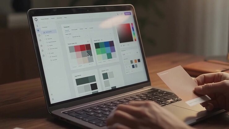 Grafisk designer vælger farveprøver til digitalt projekt på bærbar computer
