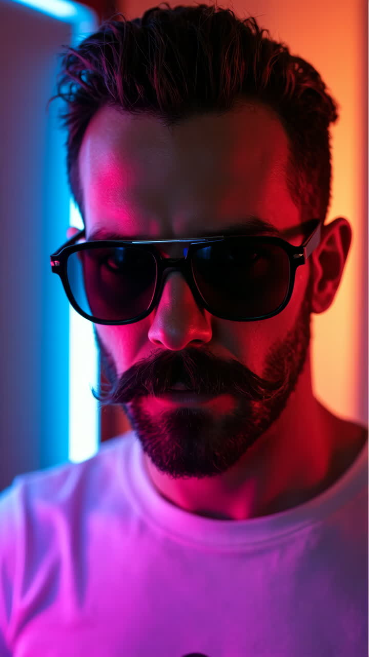 Portræt af en stilfuld mand med overskæg og solbriller under neonlys