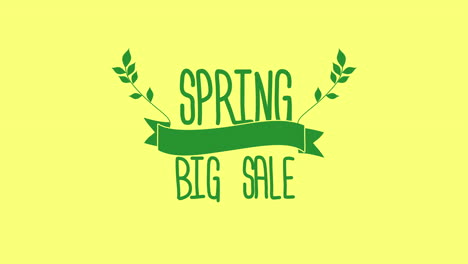 spring big sale vibrant green lettering on yellow background with leaf accents