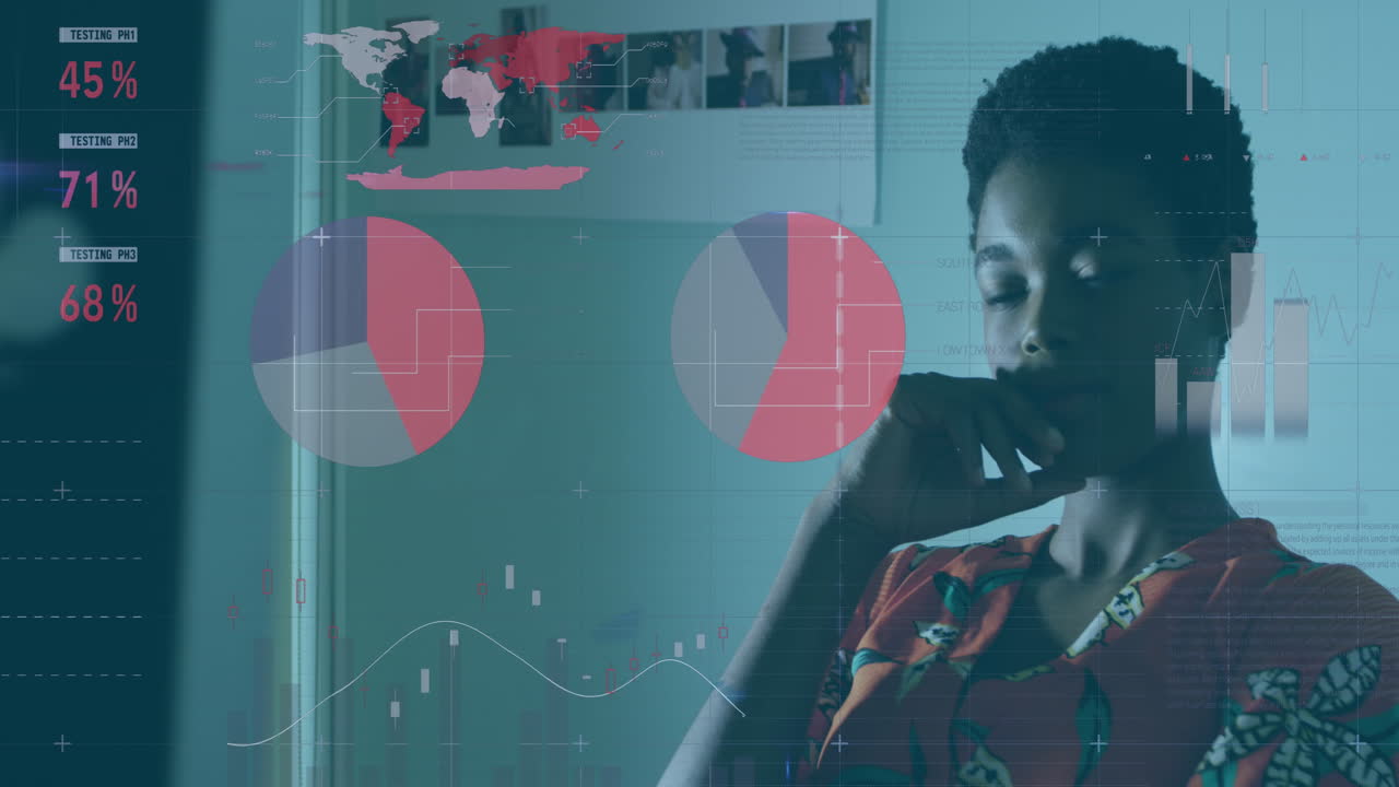 Animation of financial data processing over diverse business people in office