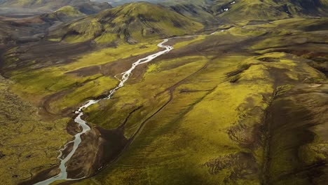 aerial landscape view of a river flowing through the icelandic highlands