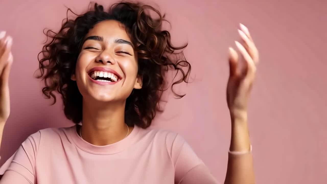 Una donna gioiosa con i capelli ricci ride su uno sfondo rosa