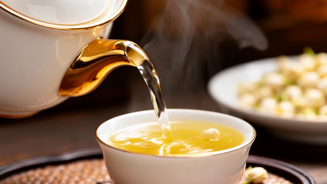 Nghiêng tay rót trà từ ấm trà bằng vàng trắng, rót vào tách trà trên khay để phục vụ, hơi nước bốc lên