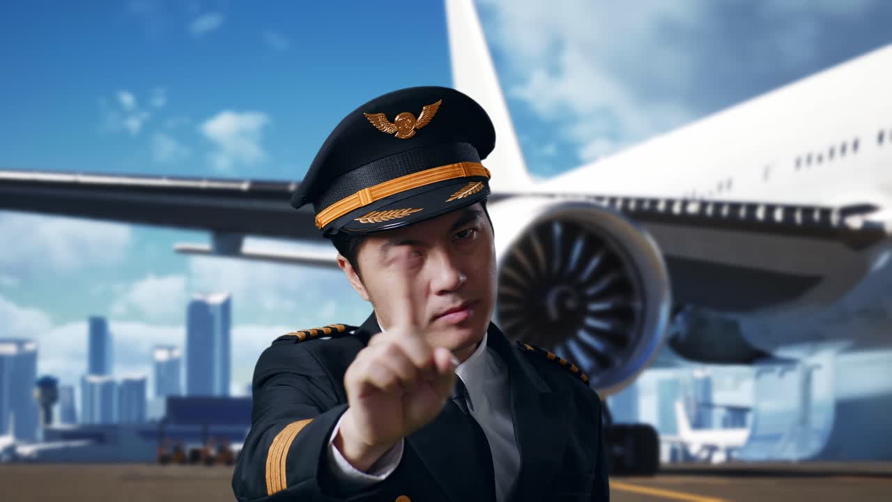 Close Up Of Asian Man Pilot Pointing At You And Disapproving With No Index Finger Sign In Airfield With Airplane On Background