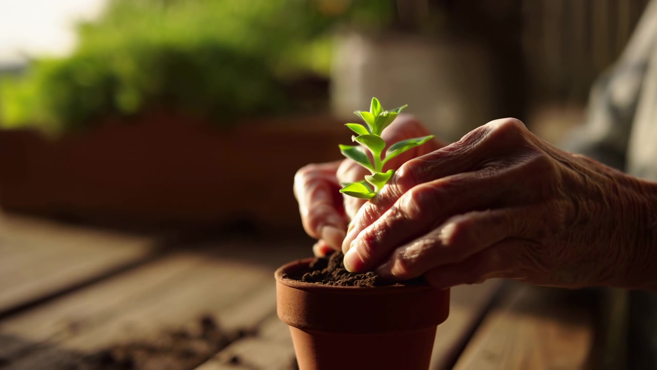 Primer plano que muestra manos envejecidas ahuecando un pequeño brote verde en una maceta de terracota, alisando la tierra sobre una mesa de madera desgastada con luz suave y cálida y poca profundidad de campo, momento tranquilo de jardinería en casa, con plántula.