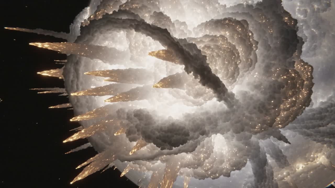 Core brightening spurring luminous sphere rotating with braided band, growing spikes in deep space