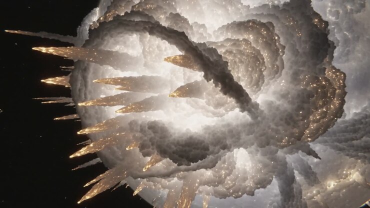 Nucleo che si illumina, stimolando una sfera luminosa che ruota con una fascia intrecciata, sviluppando punte nello spazio profondo.