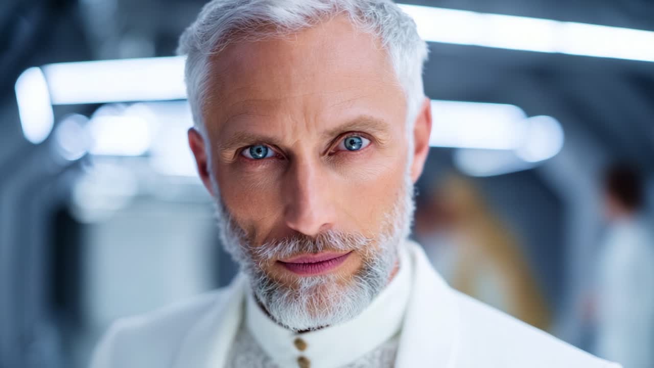 A captivating portrait of a distinguished man with striking blue eyes and silver hair, dressed in a sophisticated outfit, set against a modern, futuristic background