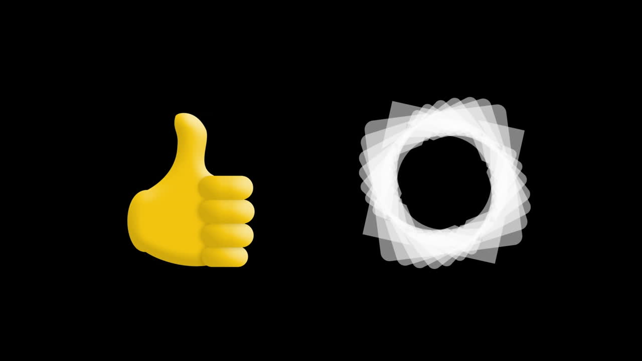 Digital animation of thumbs up icon and abstract circular shape against black background