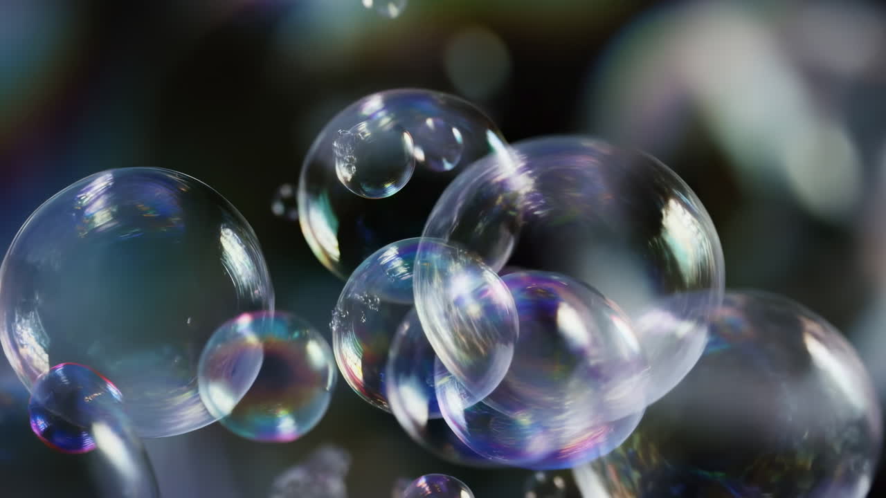 Iridescent Soap Bubbles Macro Shot Shimmering Rainbow Reflections On Delicate Translucent Films, Clusters