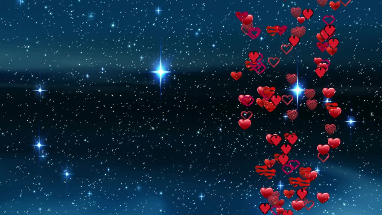 Flat red hearts appearing at bottom right, clustering and rising up illustrating cosmic love flow