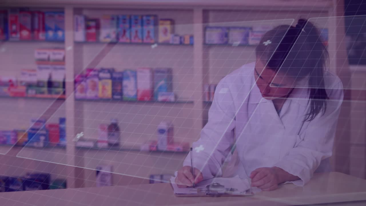 Pharmacist leaning at counter noting clipboard blue hologram growing causing look and logging stock