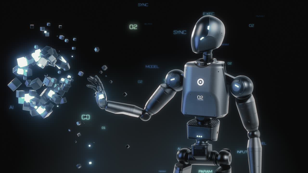 Advanced AI Robot Interacting with Digital Data Cubes