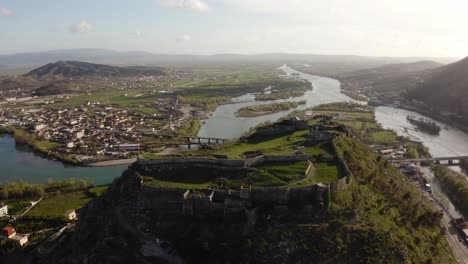 aerial wide view of the shkoder castle with buna river as backdrop