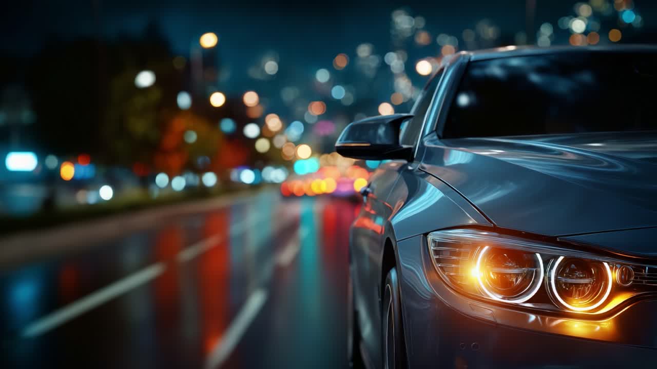 Tyylikäs urheiluauto kuvattuna yöllä eloisalla kaupungin kadulla, jossa korostuvat silmiinpistävät ajovalot ja heijastukset dynaamisessa kaupunkiympäristössä