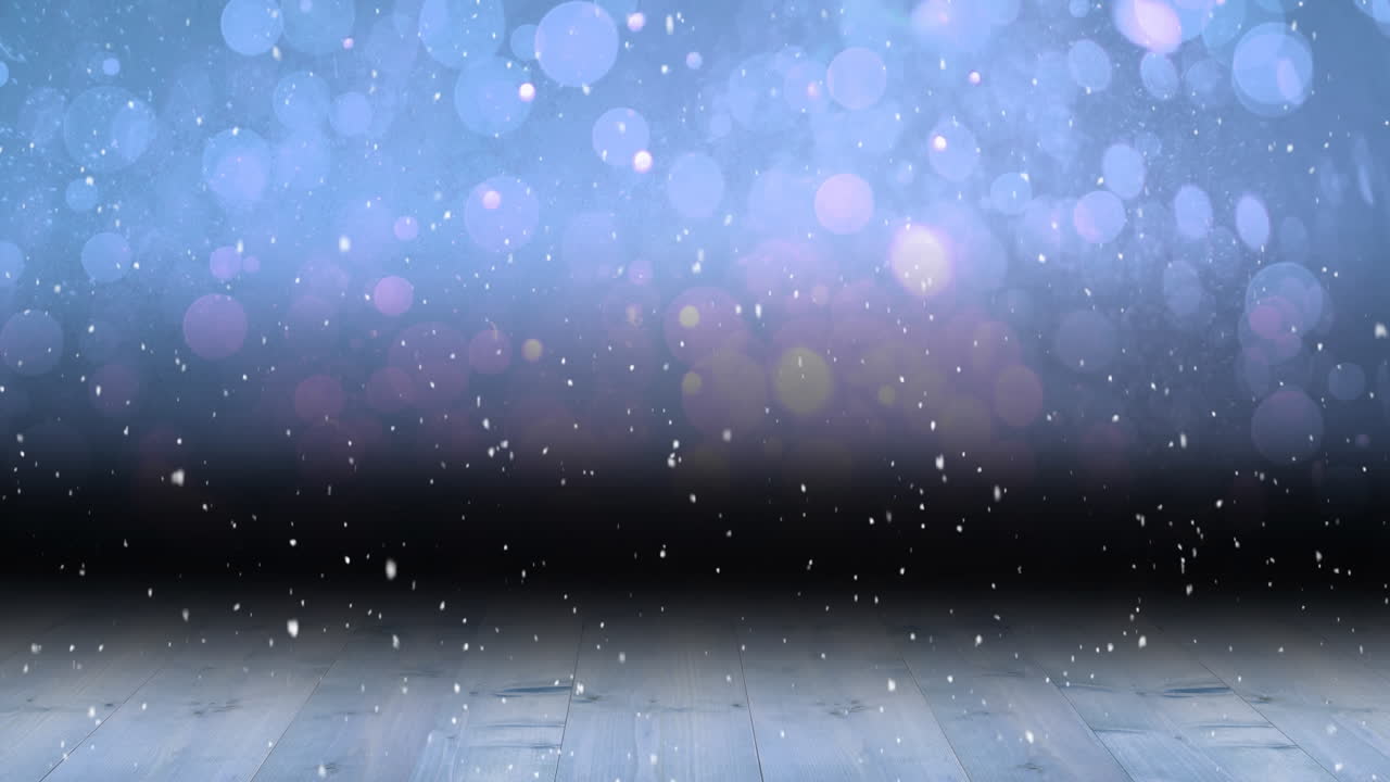 Animação de neve caindo sobre pontos de luz roxos e tábuas de madeira
