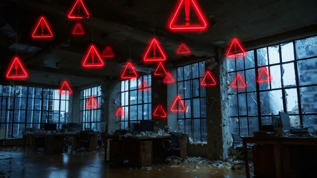 An abandoned office space eerily illuminated by neon warning signs, with a decaying atmosphere accentuated by broken windows and an unsettling ambiance of neglect and caution