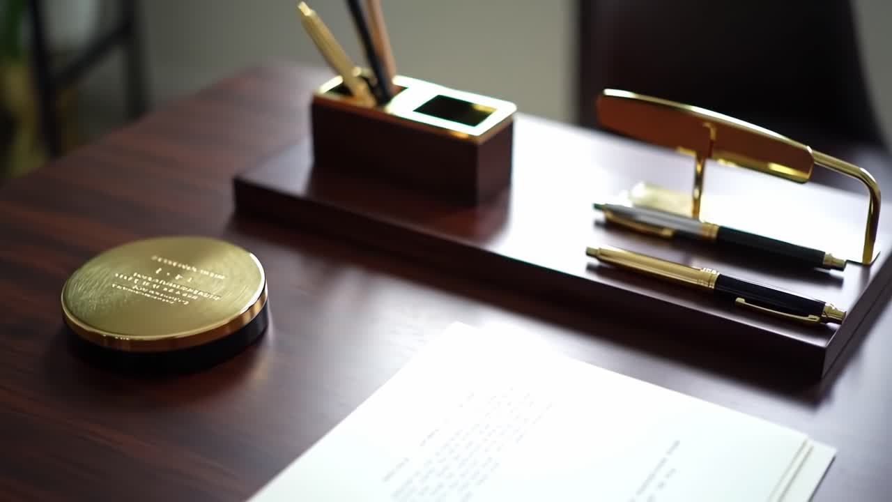 Elegante scrivania da ufficio con cancelleria raffinata e accessori di stile che migliorano la produttività e l'estetica in un ambiente di lavoro