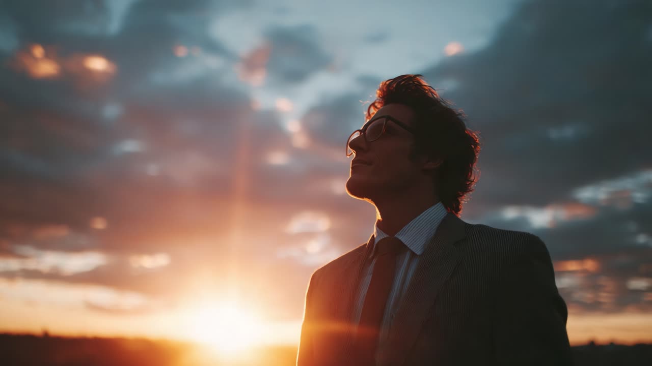 A contemplative individual gazes skyward, embraced by a stunning sunset, encapsulating a moment of reflection against a backdrop of golden hues and dramatic clouds