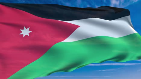 bandera de jordania con estructura de tela contra un cielo nublado (loopable)