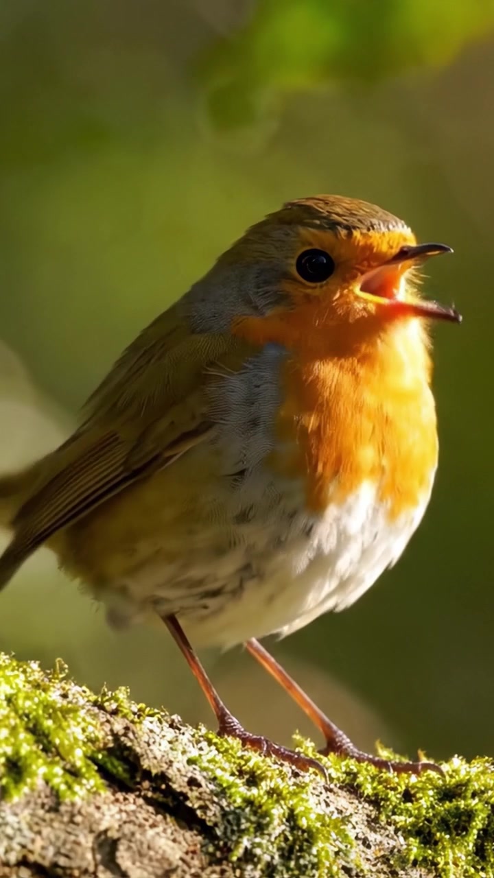 Gros plan sur un oiseau coloré perché sur une bûche moussue, mettant en valeur ses plumes orange et marron éclatantes sur un fond vert doux