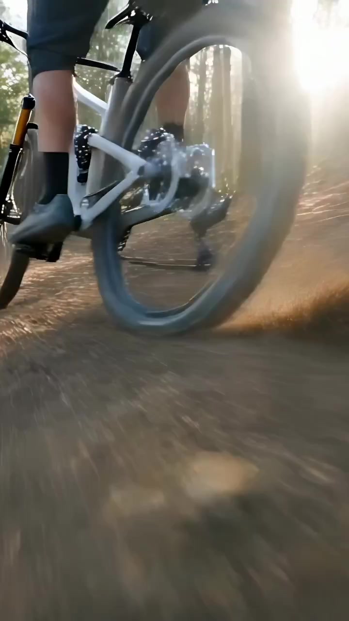 Video verticale: Ciclista che pedala con forza lungo un sentiero nel bosco, con pantaloncini e guanti, mostrando la ruota posteriore.