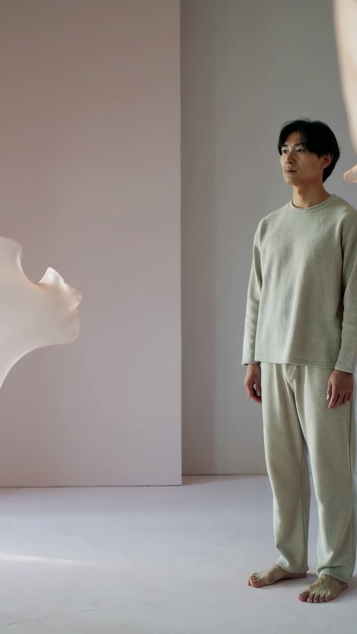 Vídeo vertical: Rastreando pétala entrando no quadro, homem com roupa de ficar em casa seguindo o fluxo para arte, espaço para texto.