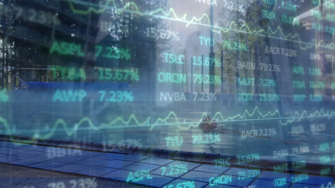 Animation of stock market data processing over woman relaxing in a swimming pool