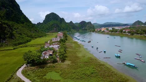 a busy river with fisher boats in vietnam in picturesque landscape