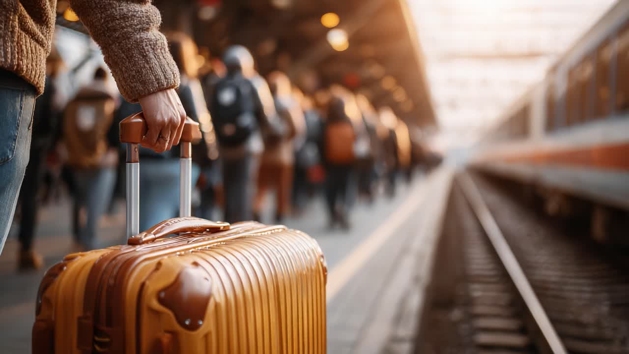A traveler stands at a bustling train station, grasping an elegant suitcase while surrounded by a crowd of commuters and the warm glow of the sun in the background