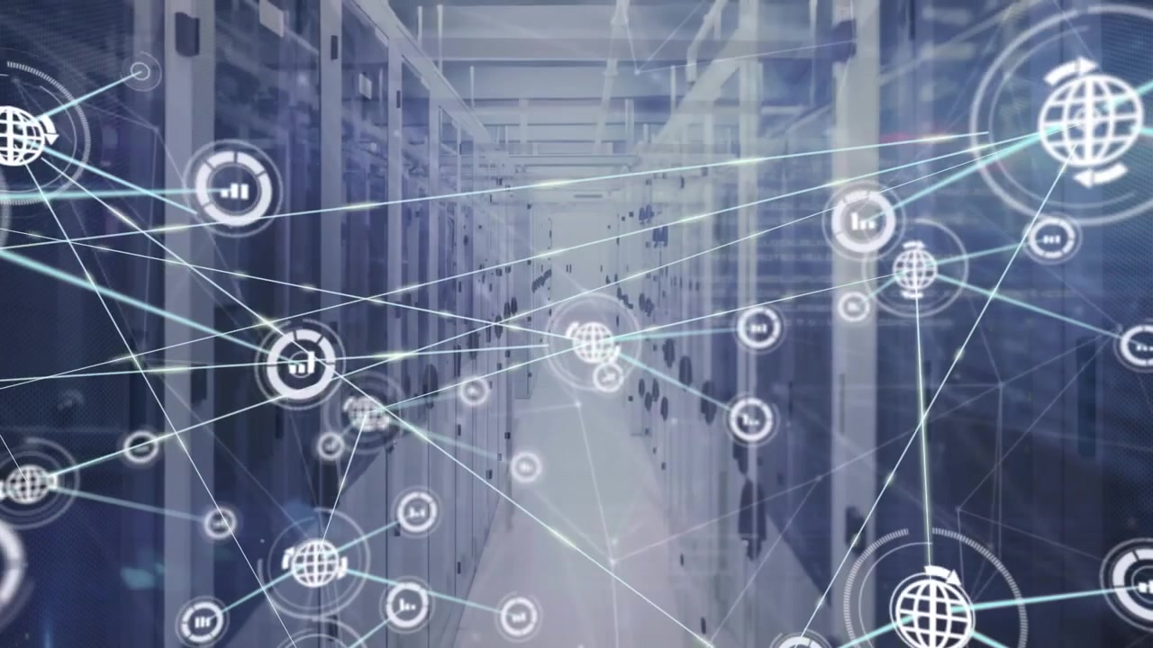 Animation of network of digital icons and network of connections against computer server room