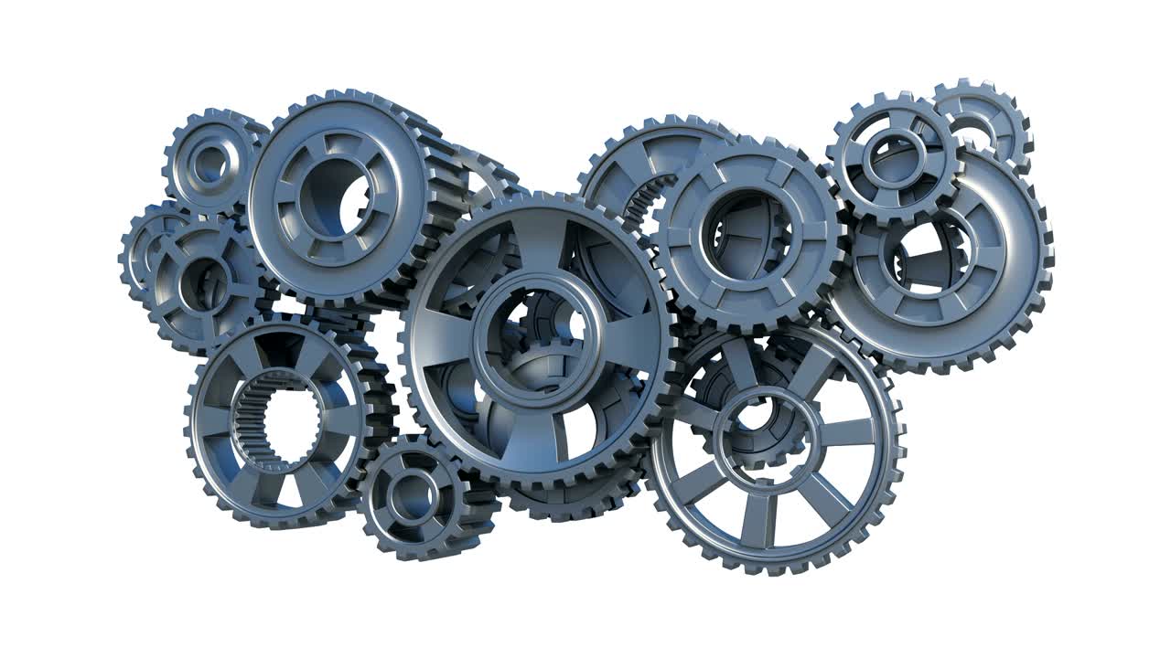 mecanismo hecho de engranajes metálicos que trabajan en fondo blanco sin costuras. animación 3d en bucle pantalla verde. proceso de trabajo abstracto. trabajo en equipo concepto de negocio y tecnología.