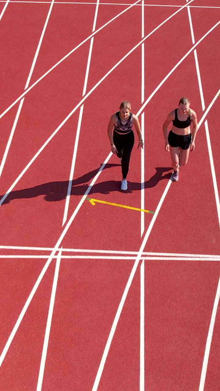 Dos mujeres jóvenes corriendo en una pista de atletismo roja.