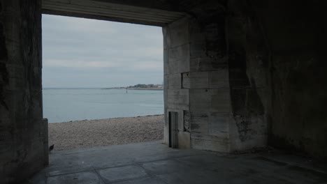 pigeon walks through the entrance of a seaside tower with the ocean in the background