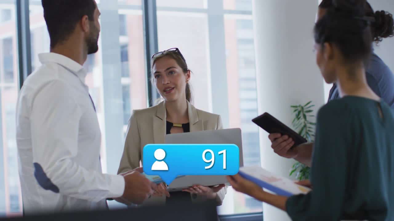 Woman leading marketing meeting with laptop, sparking animated counts climbing into nineties