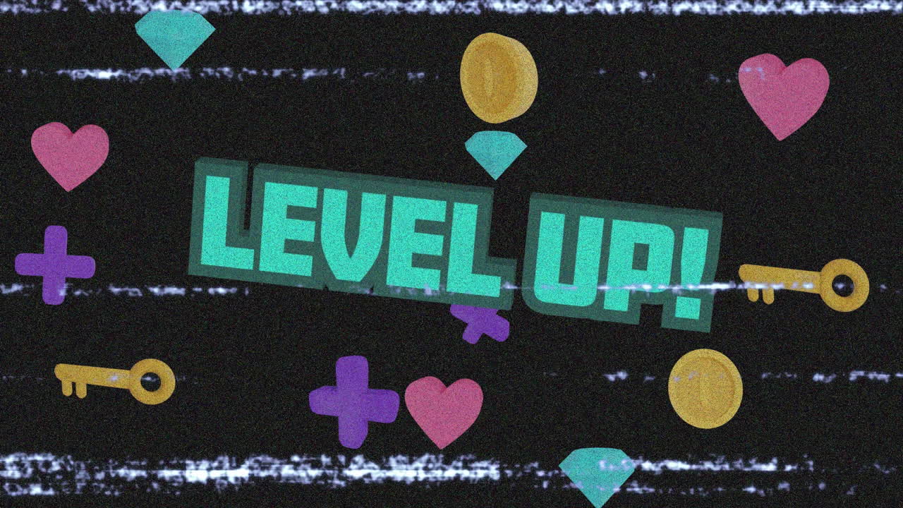 화면에 아이콘과 오류가 있는 녹색 레벨 업 텍스트의 애니메이션