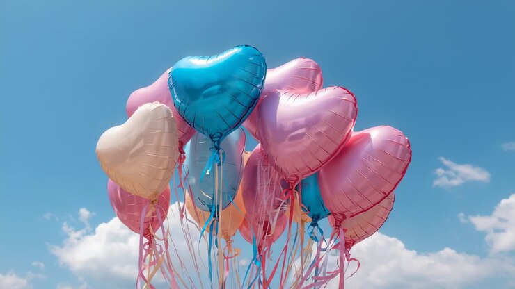Lifting bunch of metal heart-shaped foil balloons by light breeze over park sky, ribbons fluttering