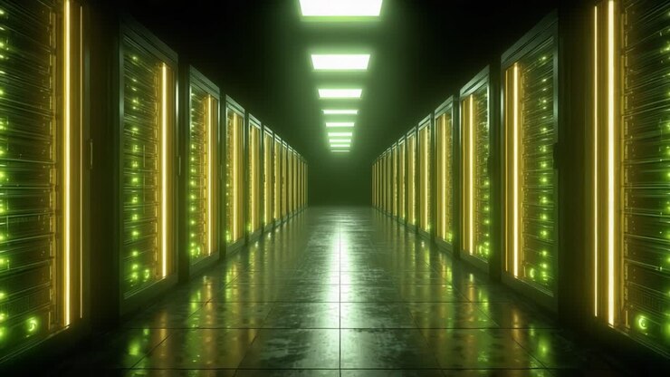 Uno sguardo a un data center tecnologicamente avanzato, illuminato da luci verdi e gialle, che mostra rack di server in uno spazio scuro e chiuso.