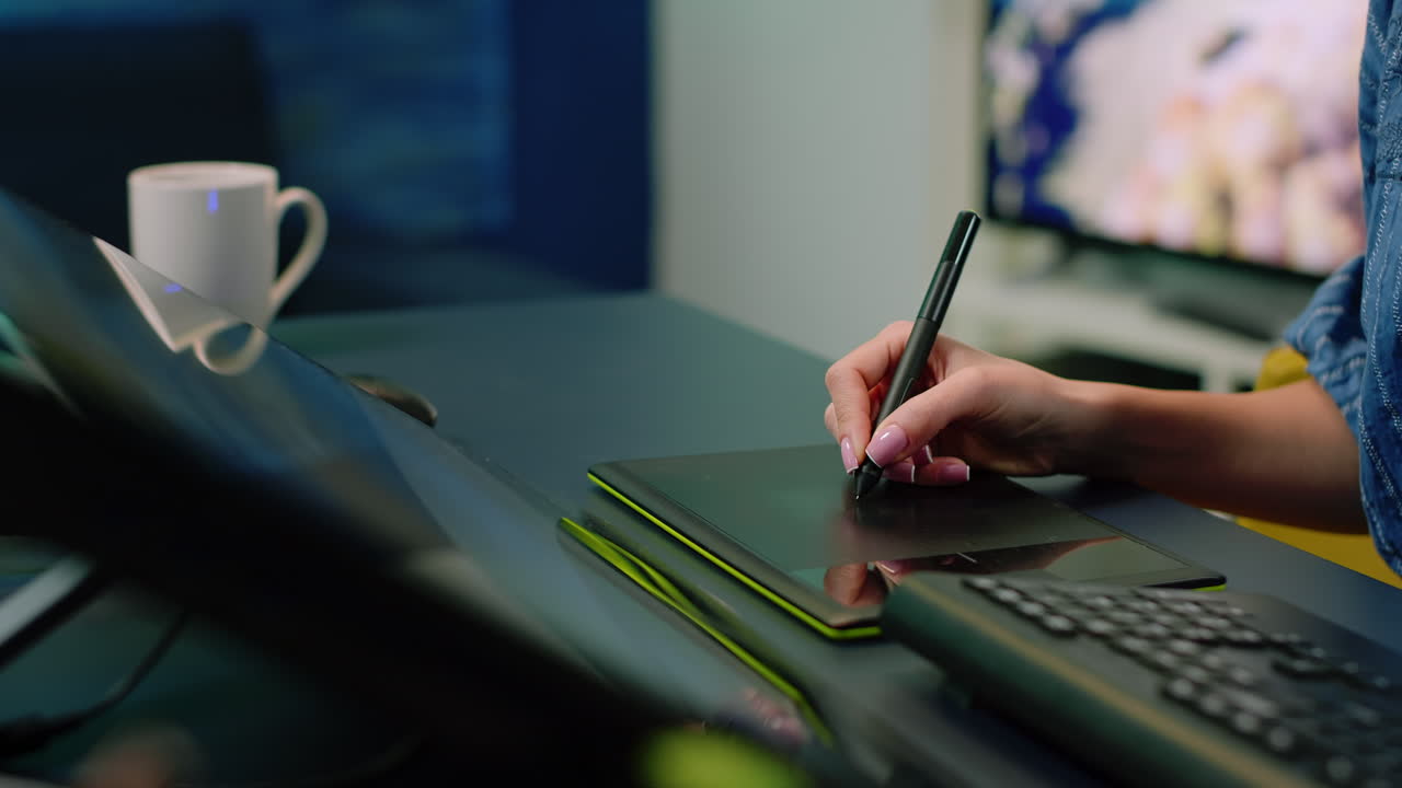 Close up of hand holding stylus on graphic tablet for retouch work