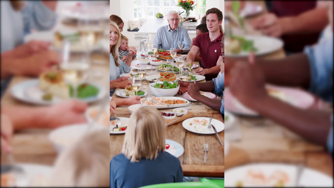 en una fotografía de familia y amigos de varias generaciones sentados alrededor de la mesa y disfrutando de la comida juntos