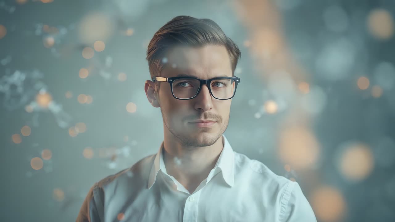 Modello con testa reclinata che reagisce a particelle fluttuanti in uno studio grigio, con occhiali neri e camicia bianca