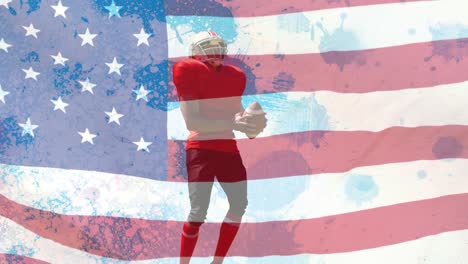 animation of usa flag and stains over american football player
