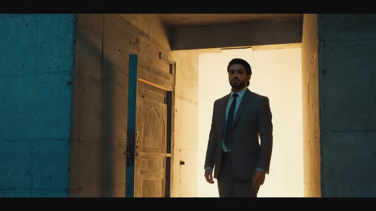 A man in a suit stands in a dramatic concrete hallway with a glowing doorway