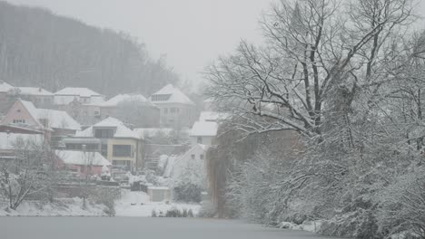 snow blankets the trees and houses around a small pond in a peaceful prague neighborhood