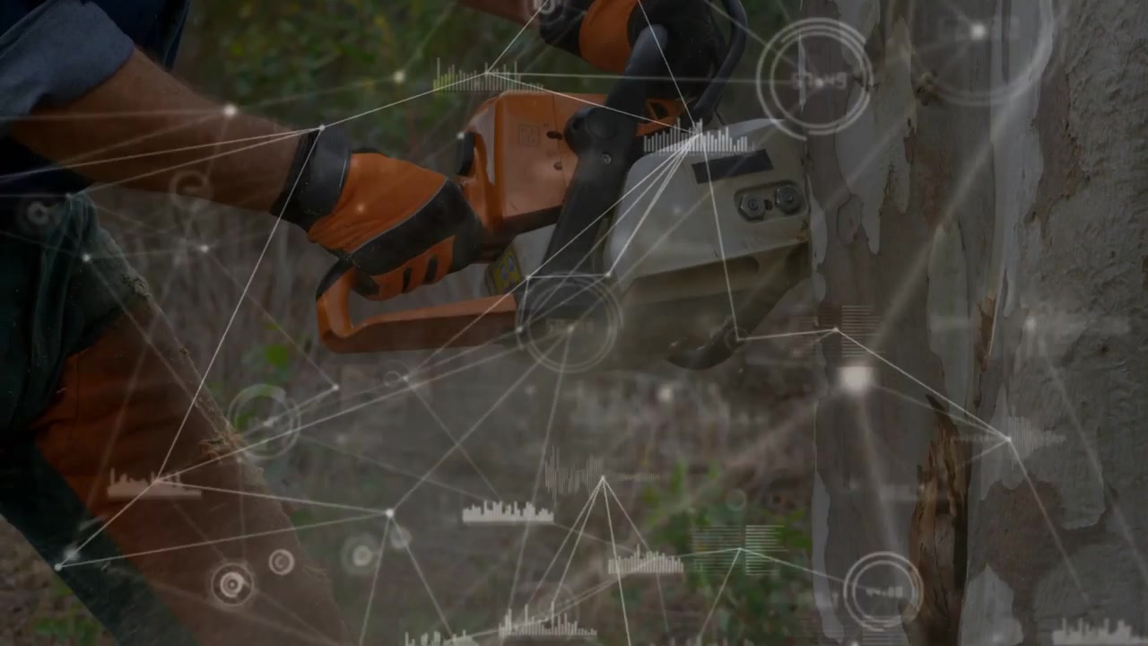 Carpenter gripping saw, engaging motor, cutting away damaged bark, overlay graphics tracking cut