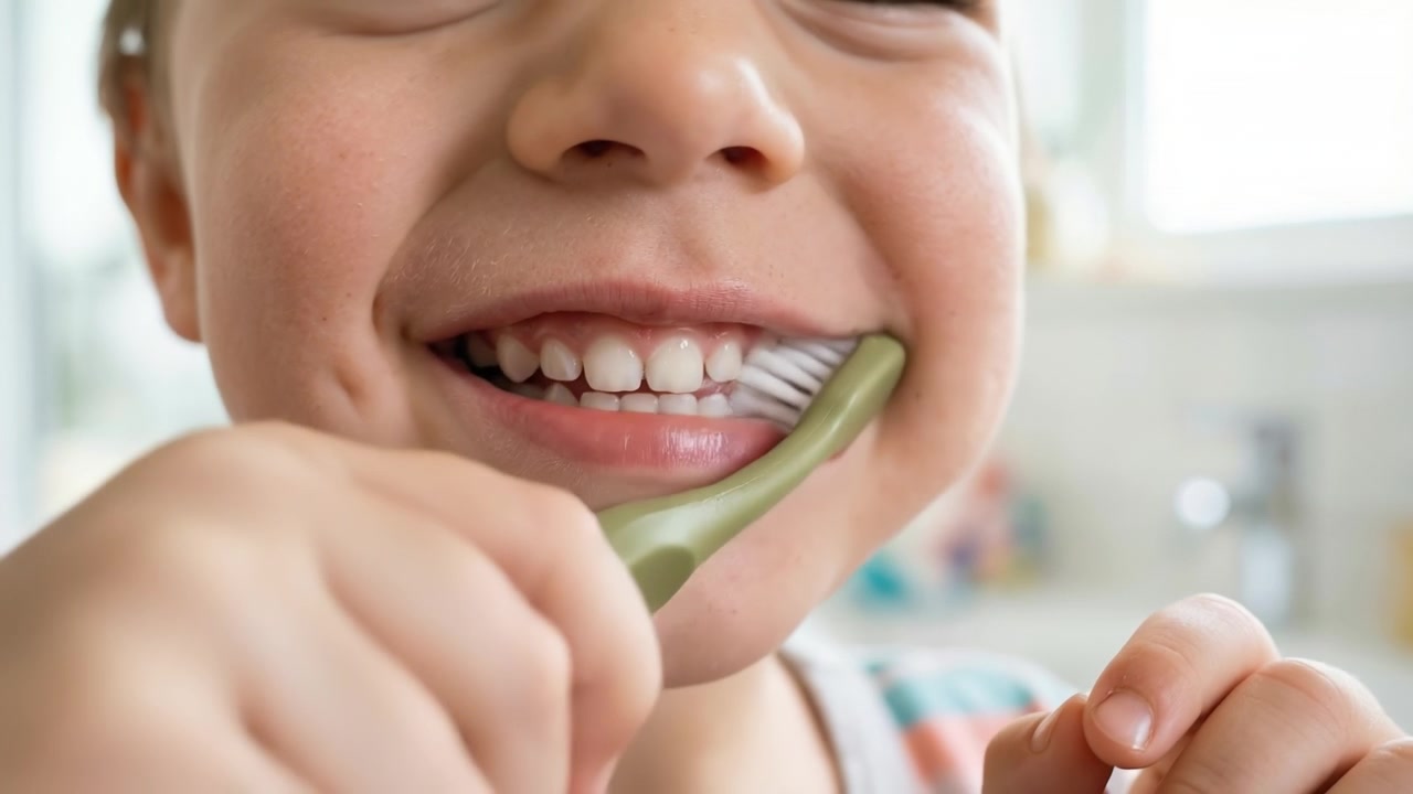 Primer plano de un niño pequeño cepillándose los dientes con un cepillo verde en un baño luminoso.