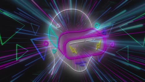 animation of head with vr headset over pink and blue neon light trails